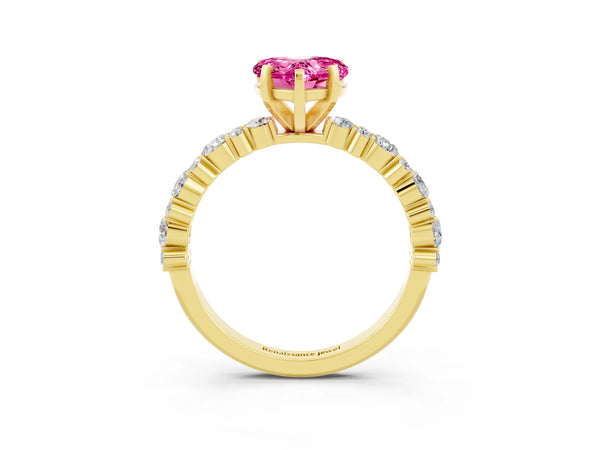 Yellow gold Heart Cut Pink Sapphire Side Stone Solitaire Ring with Round  and Four-Prong Setting