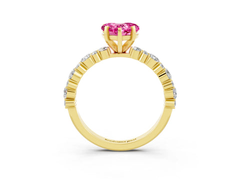 Yellow gold Heart Cut Pink Sapphire Solitaire with Side Stones, Pave Band, Four-Prong Setting_63