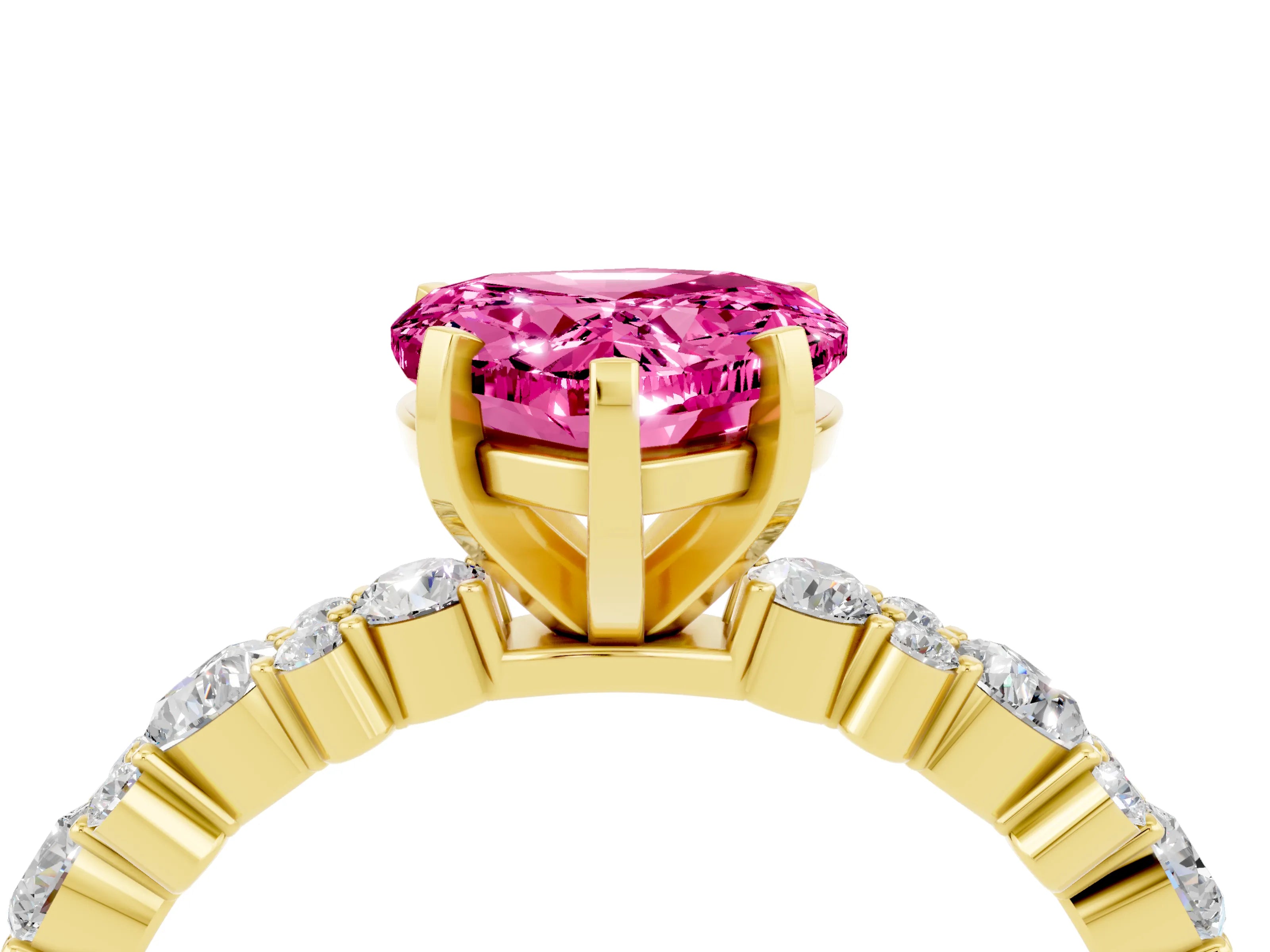 Yellow gold Heart Cut Pink Sapphire Solitaire with Side Stones, Pave Band, Four-Prong Setting_64