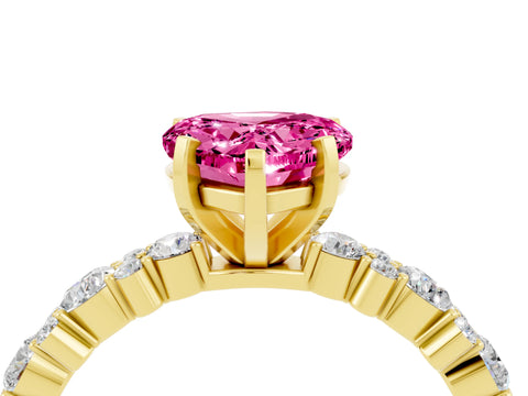 Yellow gold Heart Cut Pink Sapphire Solitaire with Side Stones, Pave Band, Four-Prong Setting_64