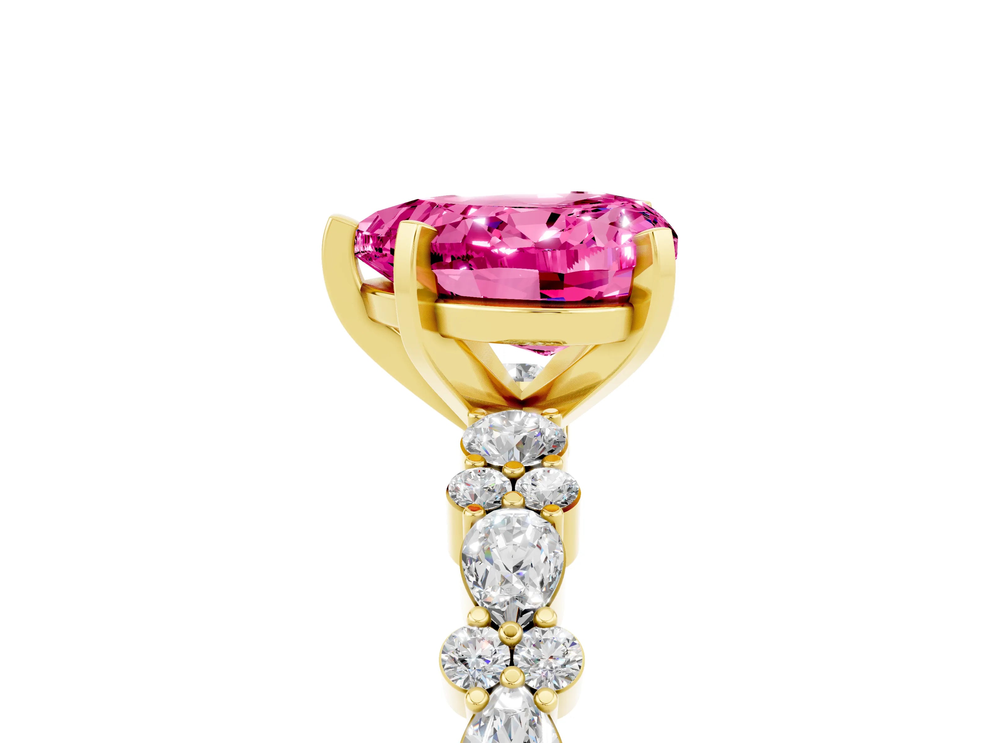 Yellow gold Heart Cut Pink Sapphire Solitaire with Side Stones, Pave Band, Four-Prong Setting_65