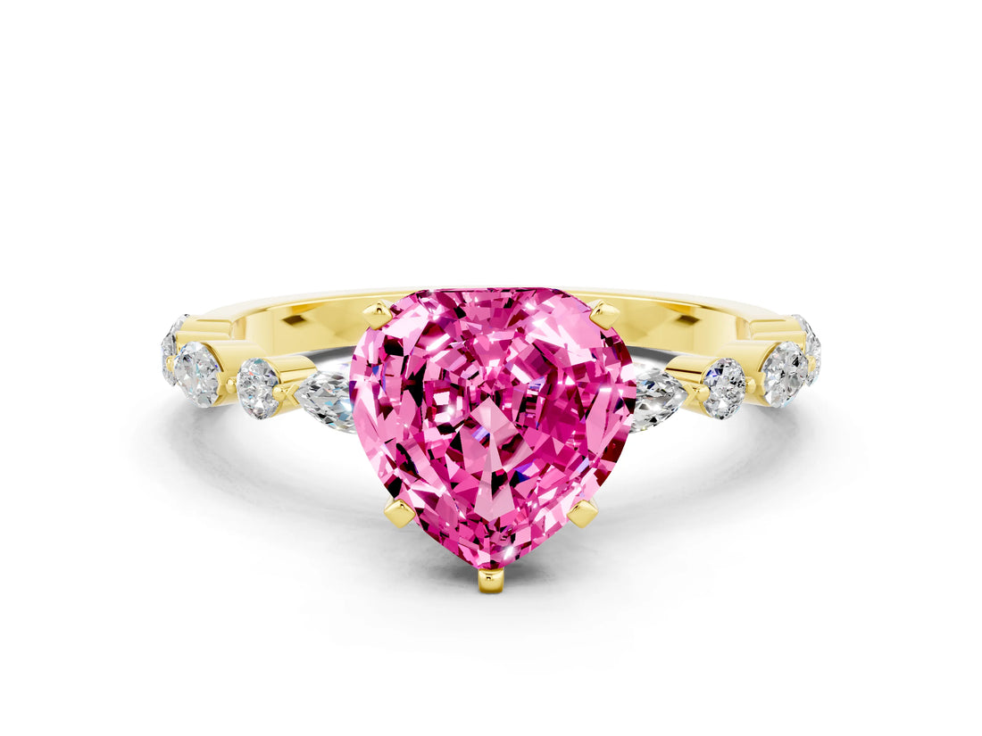 Yellow gold Heart Cut Pink Sapphire Solitaire with Side Stones on a Pavé Band and Four-Prong Setting_24