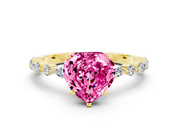 Yellow gold Heart Cut Pink Sapphire Ring with Marquise and Round  Side Stones and Four-Prong Setting