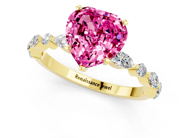 Yellow gold Heart Cut Pink Sapphire Ring with Marquise and Round  Side Stones and Four-Prong Setting