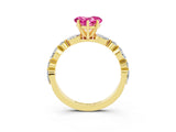 Yellow gold Heart Cut Pink Sapphire Solitaire with Side Stones on a Pavé Band and Four-Prong Setting_27