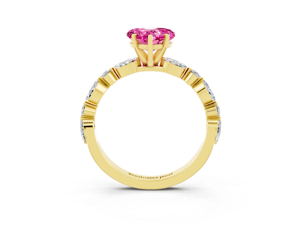 Yellow gold Heart Cut Pink Sapphire Ring with Marquise and Round  Side Stones and Four-Prong Setting