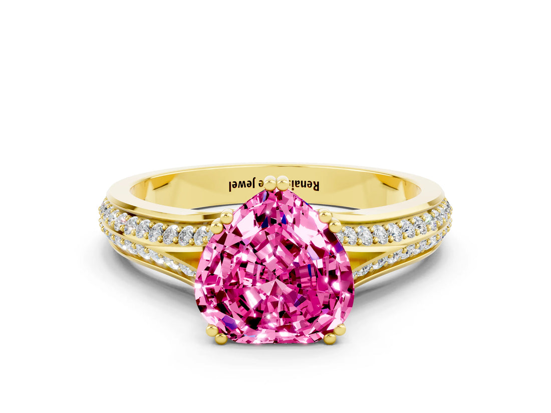 Yellow gold Heart Cut Pink Sapphire Split Shank Engagement Ring with Pavé Band_24
