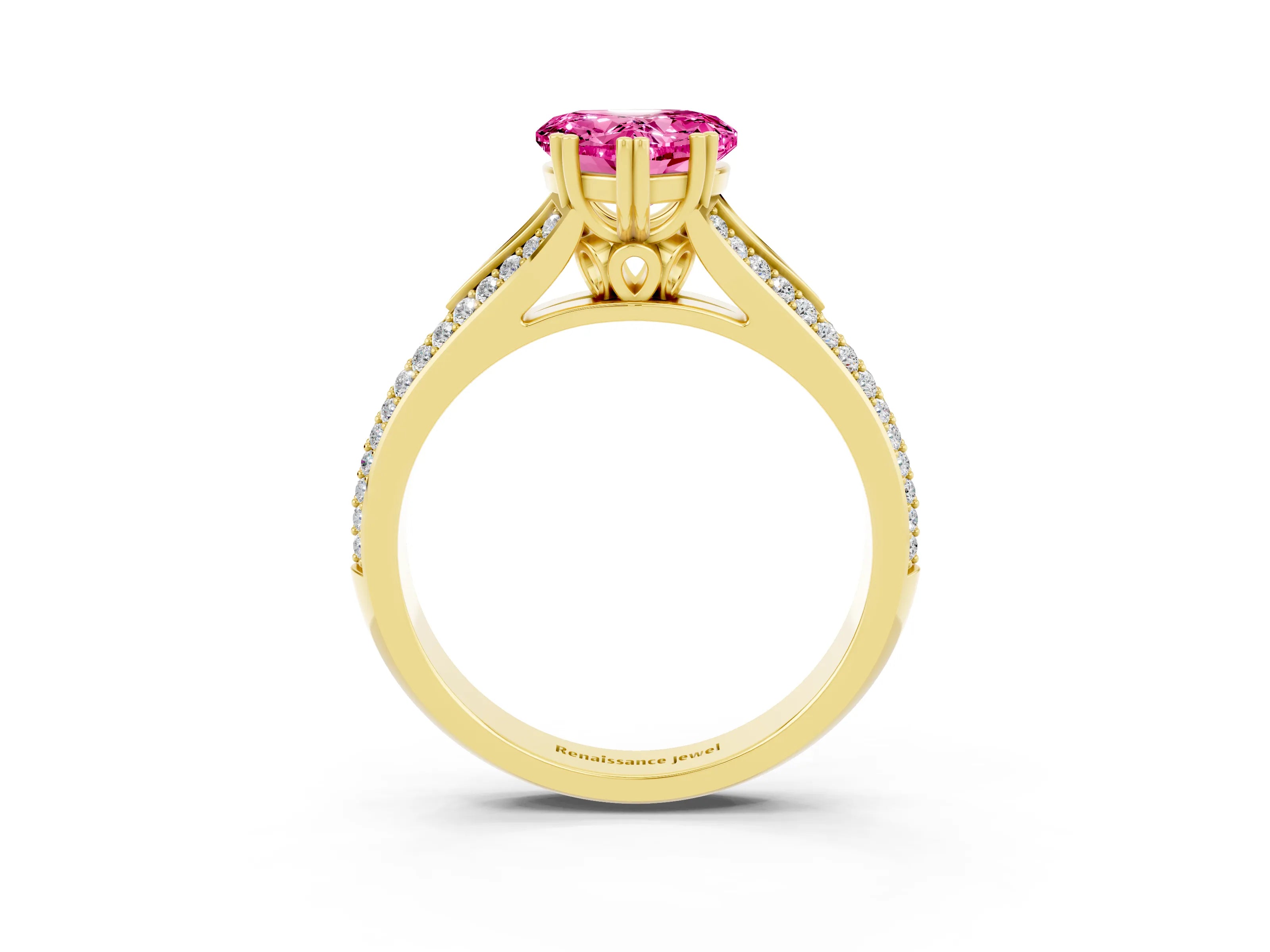 Yellow gold Heart Cut Pink Sapphire Split Shank Engagement Ring with Pavé Band_27