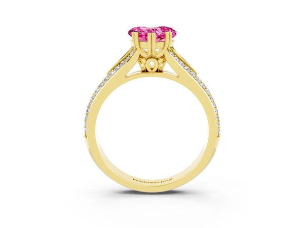 Yellow gold Heart Cut Pink Sapphire Split Shank Engagement Ring with Pavé Band