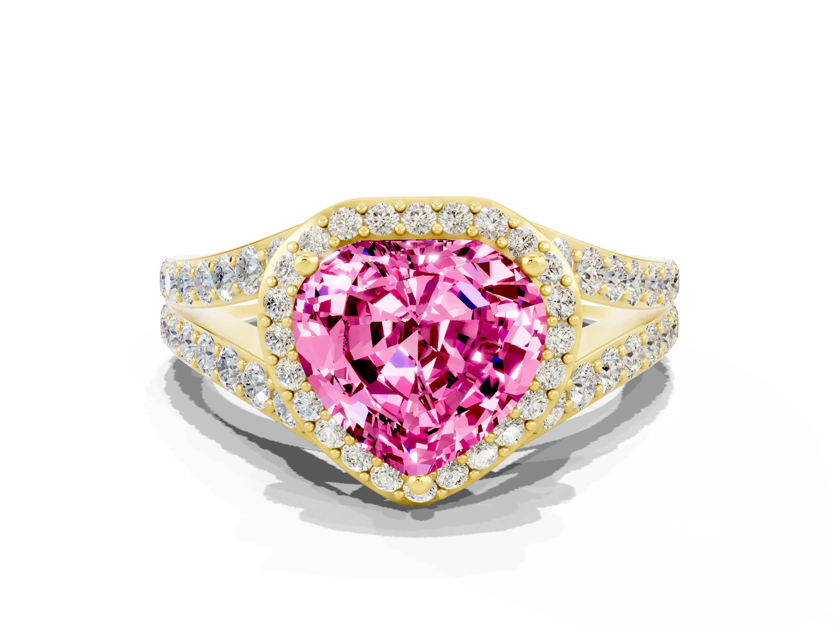Yellow gold Heart Cut Pink Sapphire Split Shank Halo Ring with Four-Prong Setting_12