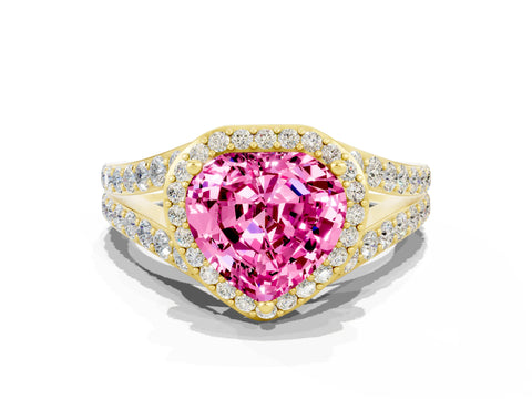 Yellow gold Heart Cut Pink Sapphire Split Shank Halo Ring with Four-Prong Setting_12