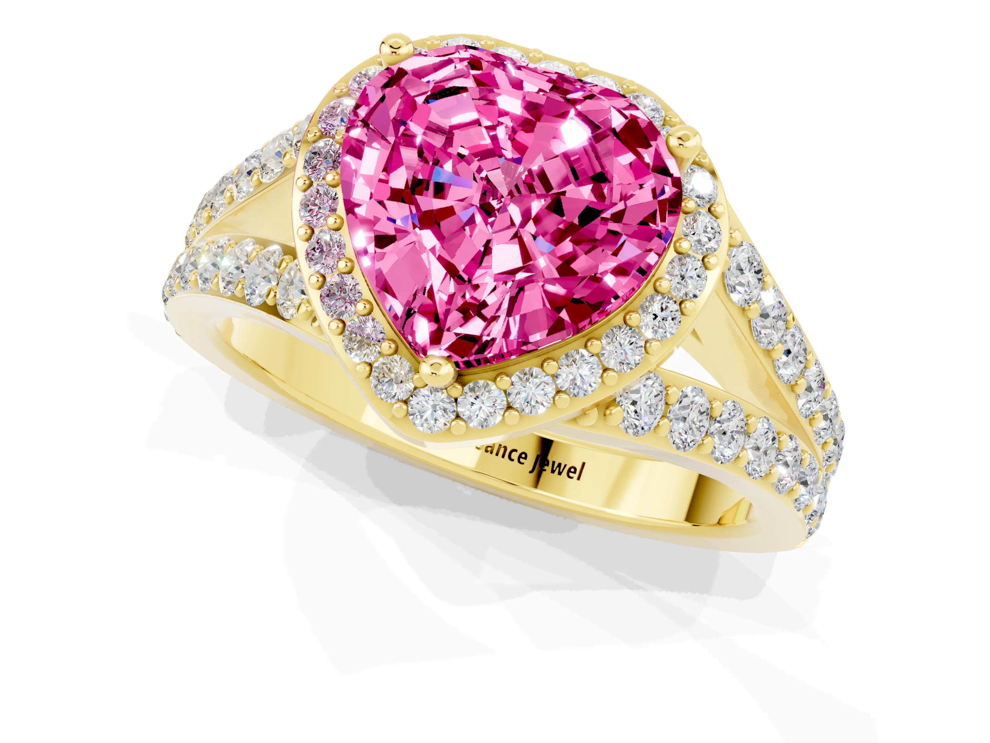 Yellow gold Heart Cut Pink Sapphire Split Shank Halo Ring with Four-Prong Setting_13