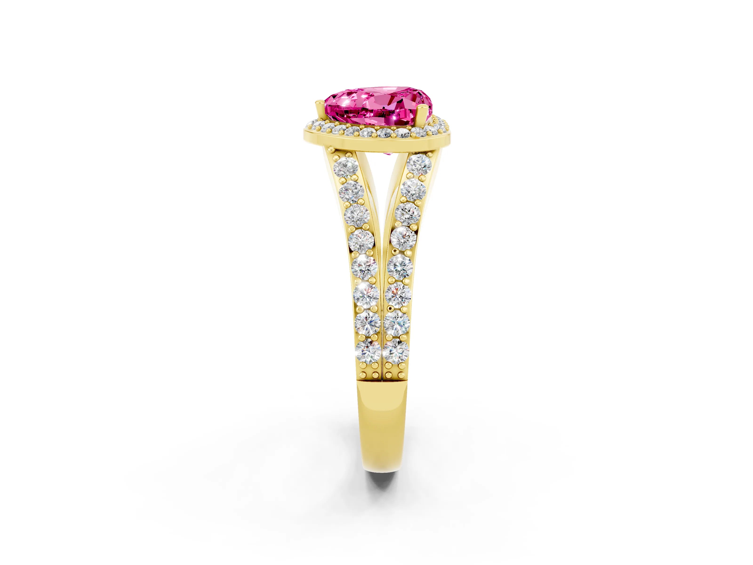 Yellow gold Heart Cut Pink Sapphire Split Shank Halo Ring with Four-Prong Setting_14