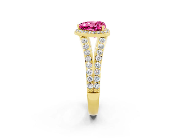 Yellow gold Heart Cut Pink Sapphire Split Shank Halo Ring with Four-Prong Setting