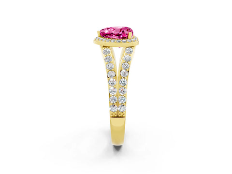 Yellow gold Heart Cut Pink Sapphire Split Shank Halo Ring with Four-Prong Setting_14