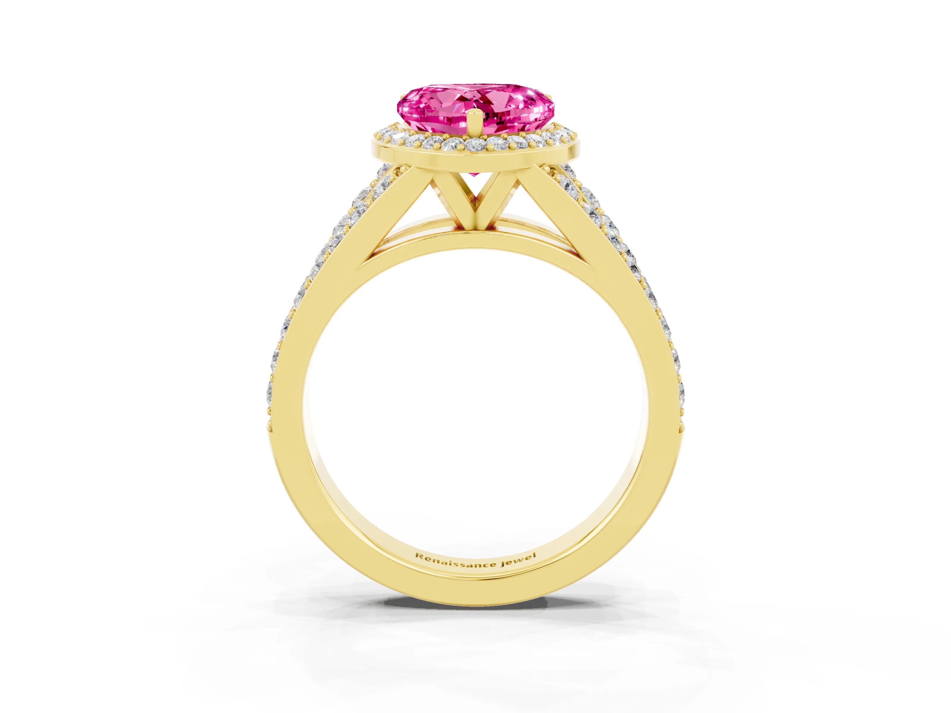 Yellow gold Heart Cut Pink Sapphire Split Shank Halo Ring with Four-Prong Setting_15