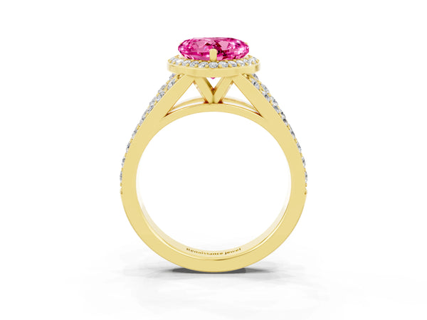 Yellow gold Heart Cut Pink Sapphire Split Shank Halo Ring with Four-Prong Setting