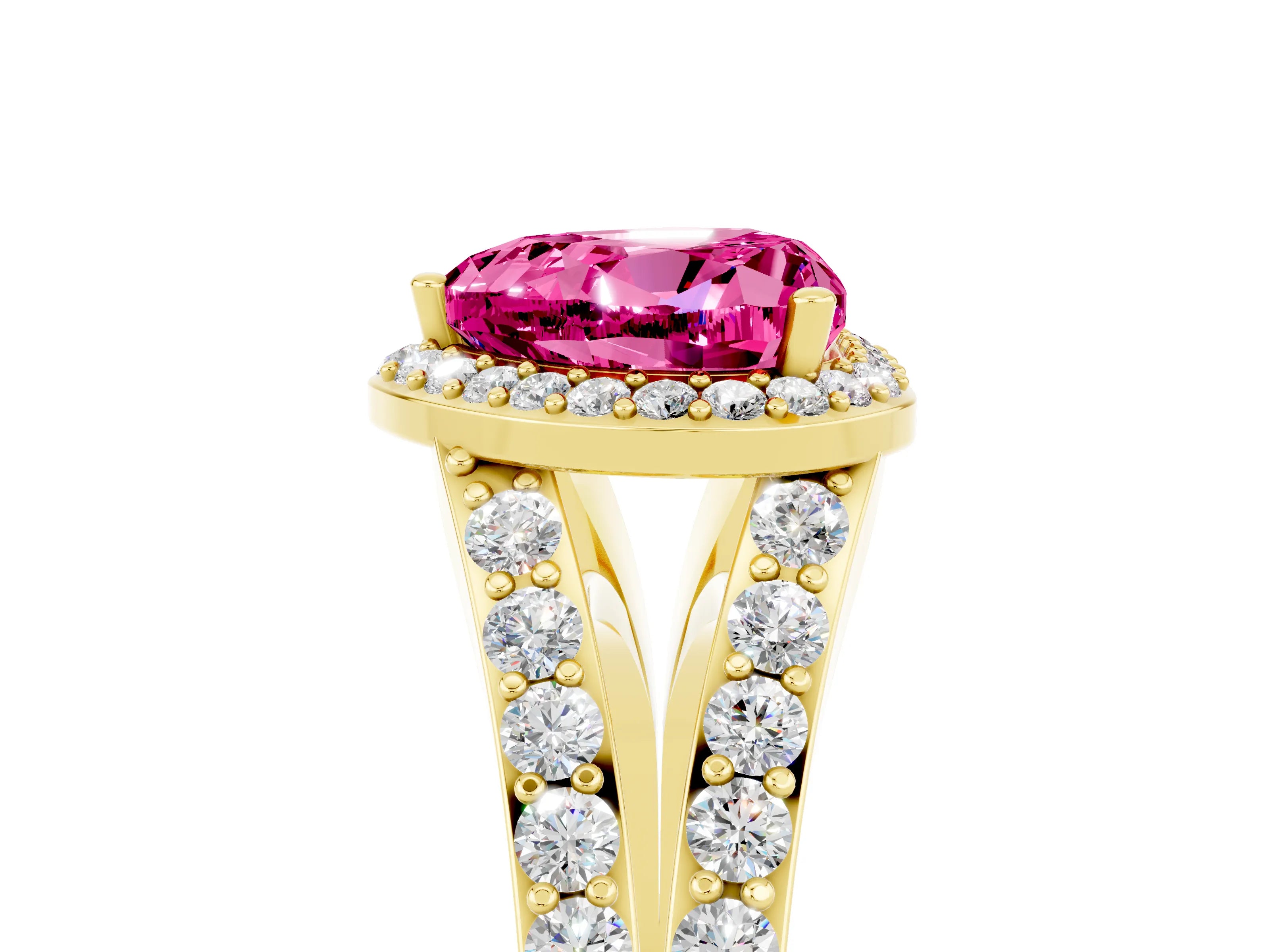 Yellow gold Heart Cut Pink Sapphire Split Shank Halo Ring with Four-Prong Setting_17