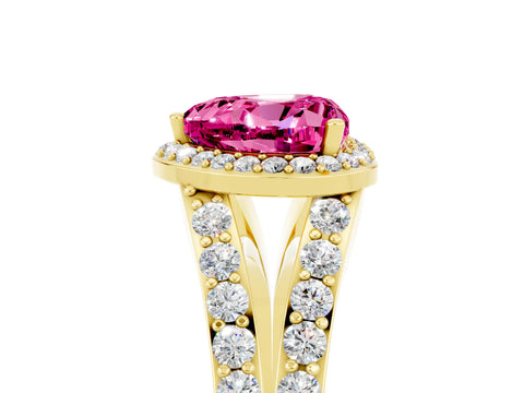 Yellow gold Heart Cut Pink Sapphire Split Shank Halo Ring with Four-Prong Setting_17