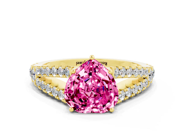 Yellow gold Heart Cut Pink Sapphire Split Shank Pavé Engagement Ring with Four-Prong Setting