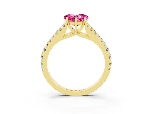 Yellow gold Heart Cut Pink Sapphire Split Shank Pavé Engagement Ring with Four-Prong Setting