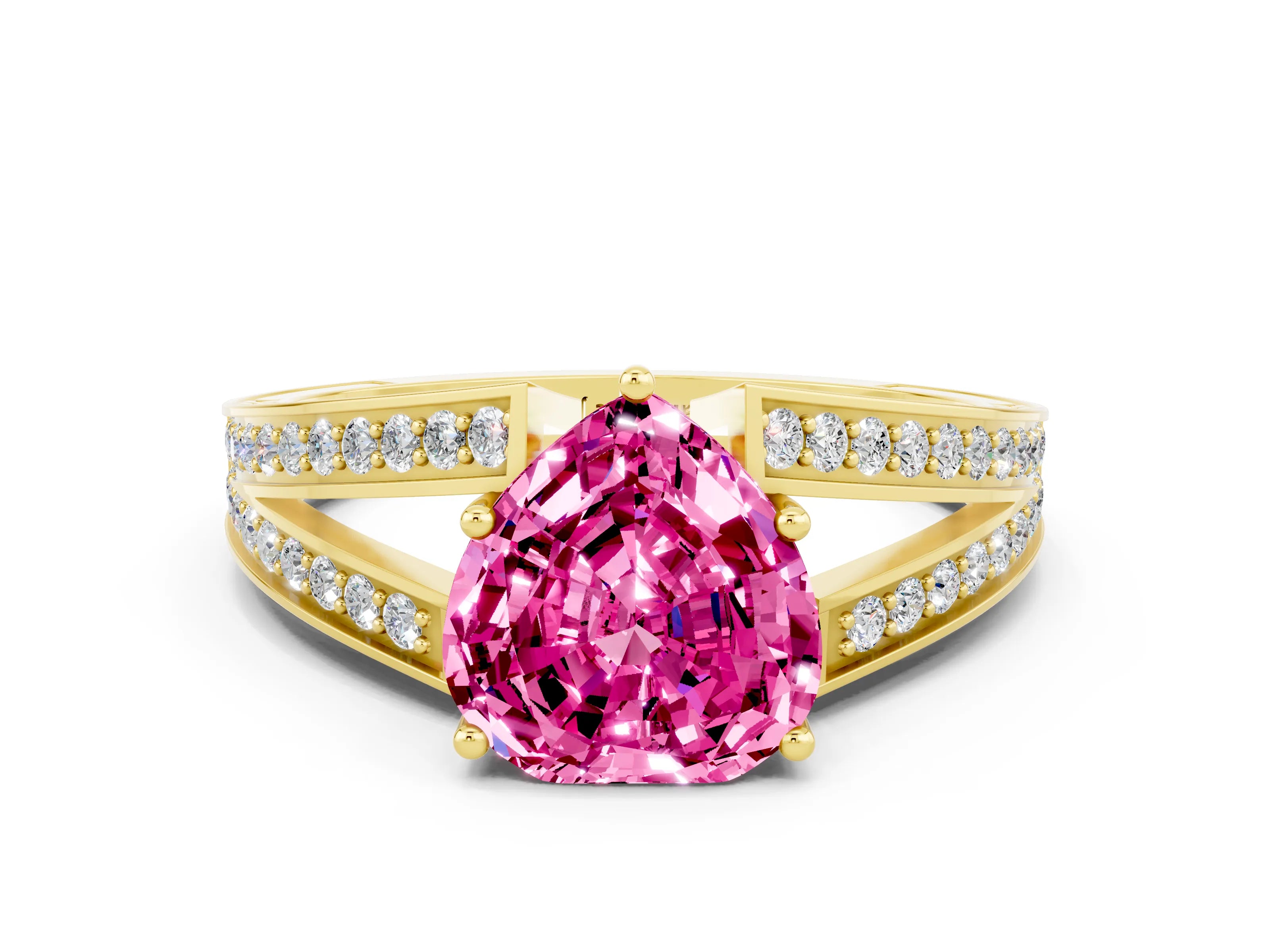 Yellow gold Heart Cut Pink Sapphire Split Shank Ring with Pavé Band and Four-Prong Setting