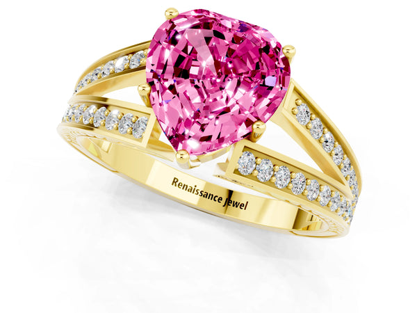 Yellow gold Heart Cut Pink Sapphire Split Shank Ring with Pavé Band and Four-Prong Setting