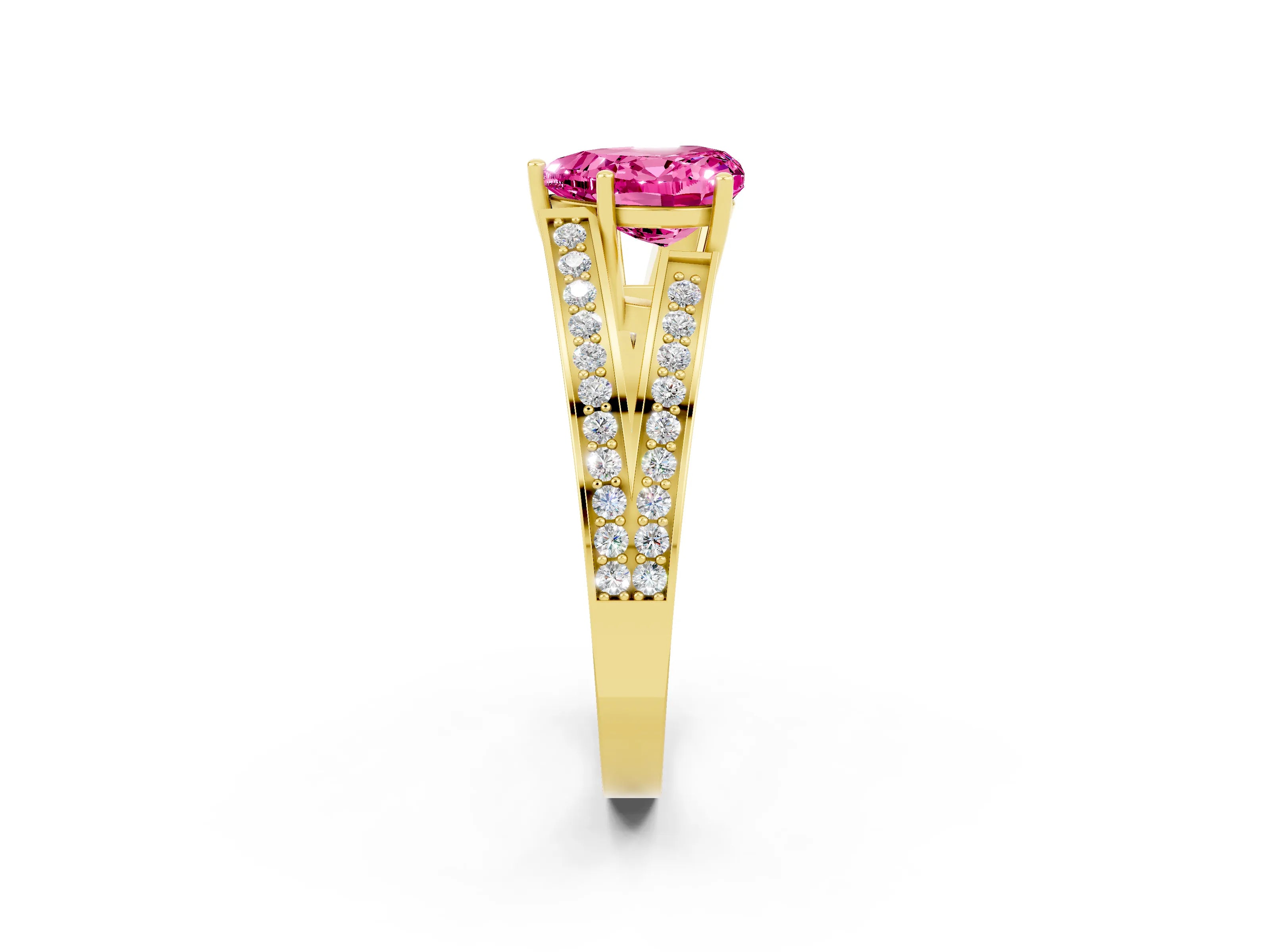 Yellow gold Heart Cut Pink Sapphire Split Shank Ring with Pavé Band and Four-Prong Setting_2