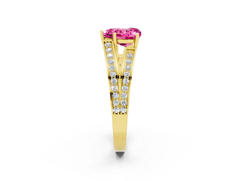 Yellow gold Heart Cut Pink Sapphire Split Shank Ring with Pavé Band and Four-Prong Setting_2