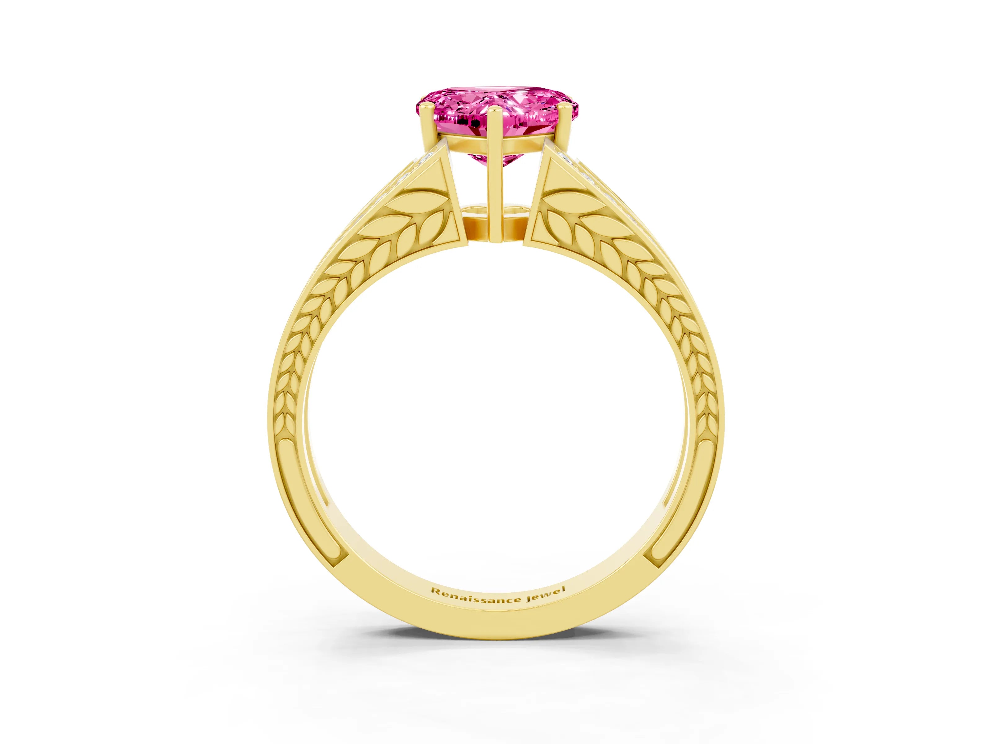Yellow gold Heart Cut Pink Sapphire Split Shank Ring with Pavé Band and Four-Prong Setting_3