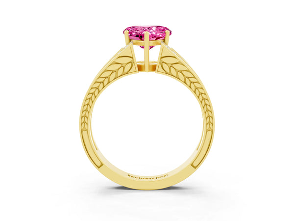 Yellow gold Heart Cut Pink Sapphire Split Shank Ring with Pavé Band and Four-Prong Setting
