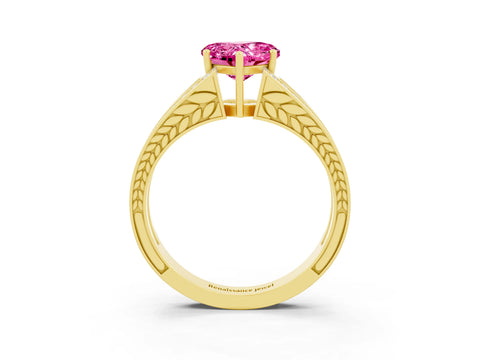 Yellow gold Heart Cut Pink Sapphire Split Shank Ring with Pavé Band and Four-Prong Setting_3