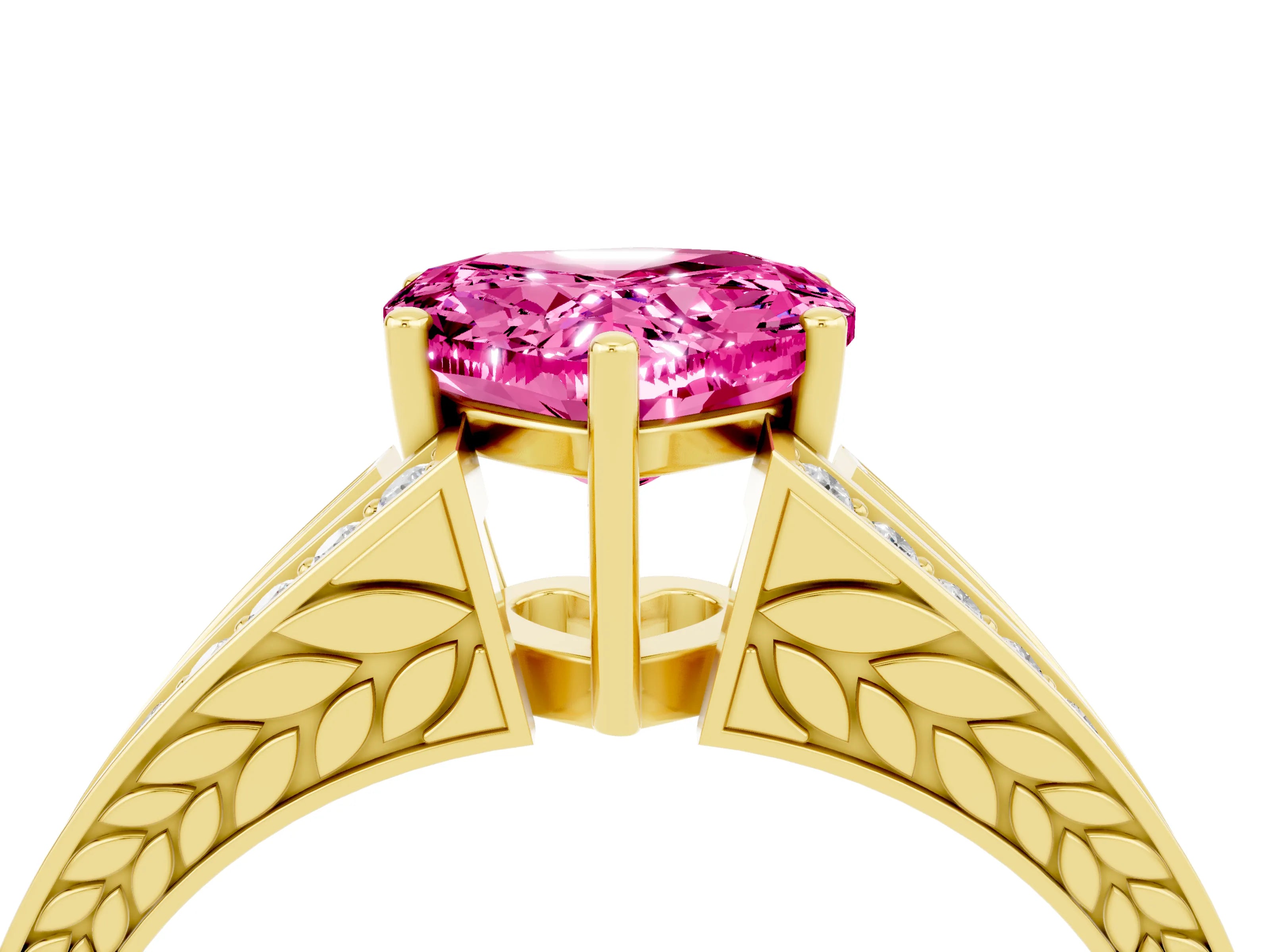Yellow gold Heart Cut Pink Sapphire Split Shank Ring with Pavé Band and Four-Prong Setting_4