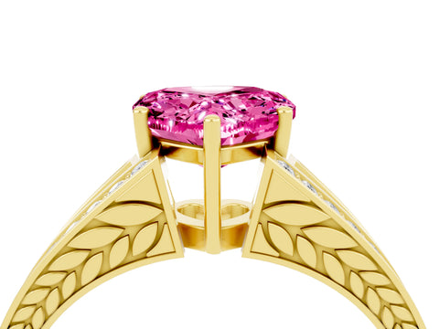 Yellow gold Heart Cut Pink Sapphire Split Shank Ring with Pavé Band and Four-Prong Setting_4