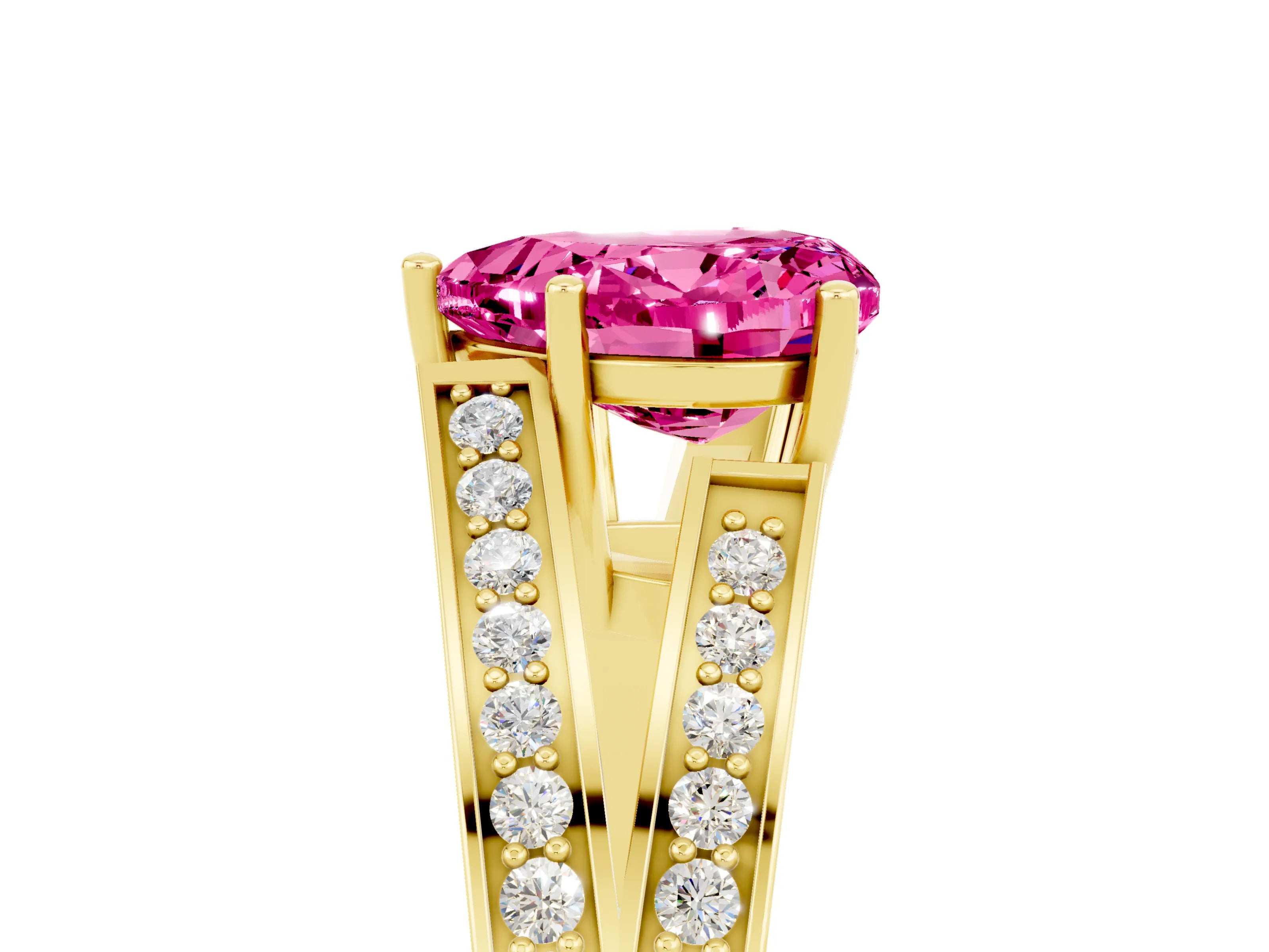 Yellow gold Heart Cut Pink Sapphire Split Shank Ring with Pavé Band and Four-Prong Setting_5