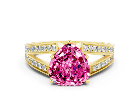 Yellow gold Heart Cut Pink Sapphire Split Shank Ring with Pavé Band and Four-Prong Setting