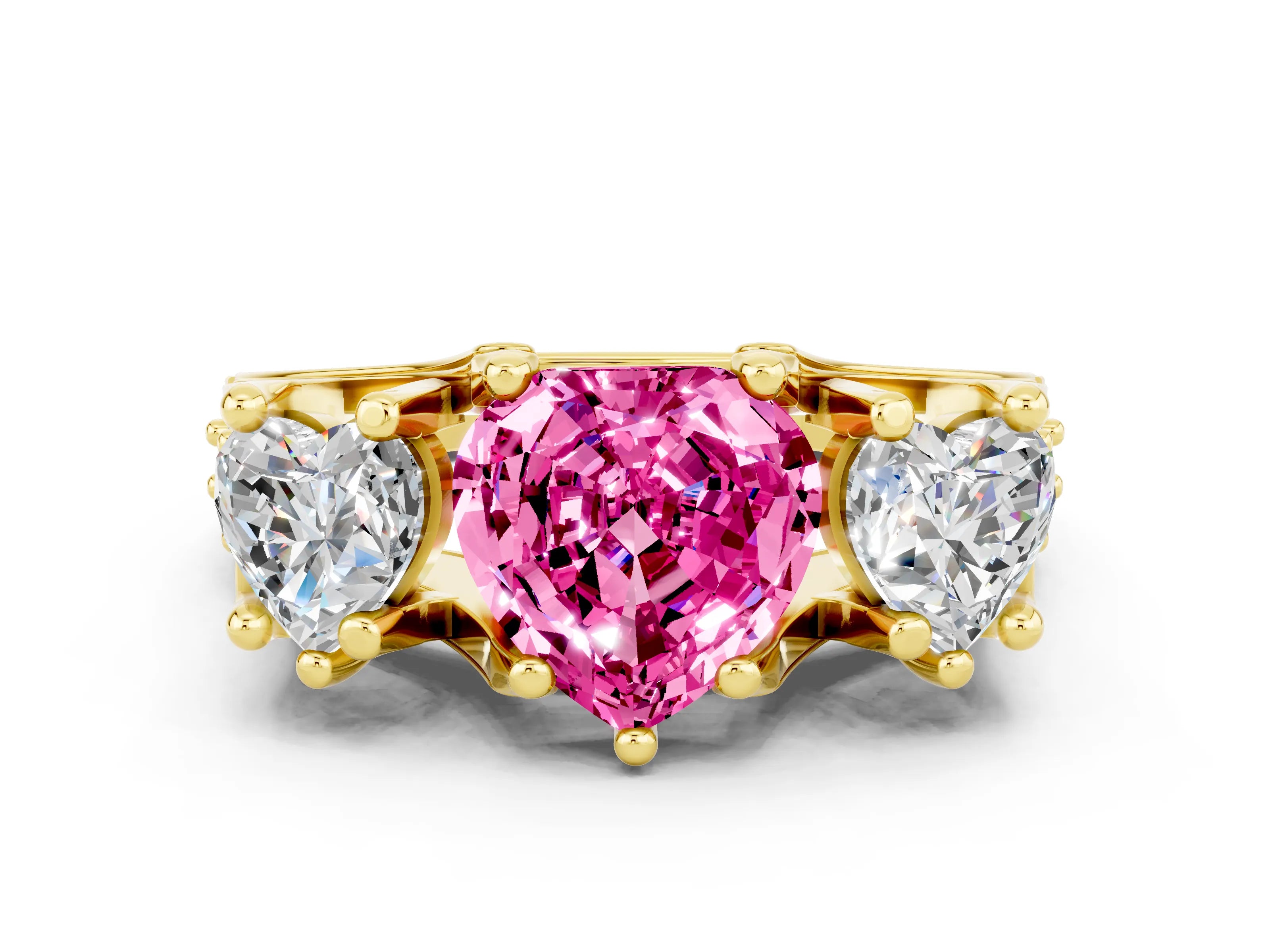 Yellow gold Heart Cut Pink Sapphire Three-Stone Ring with Channel Set Band and Four-Prong Setting
