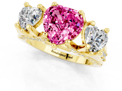 Yellow gold Heart Cut Pink Sapphire Three-Stone Ring with Channel Set Band and Four-Prong Setting_1