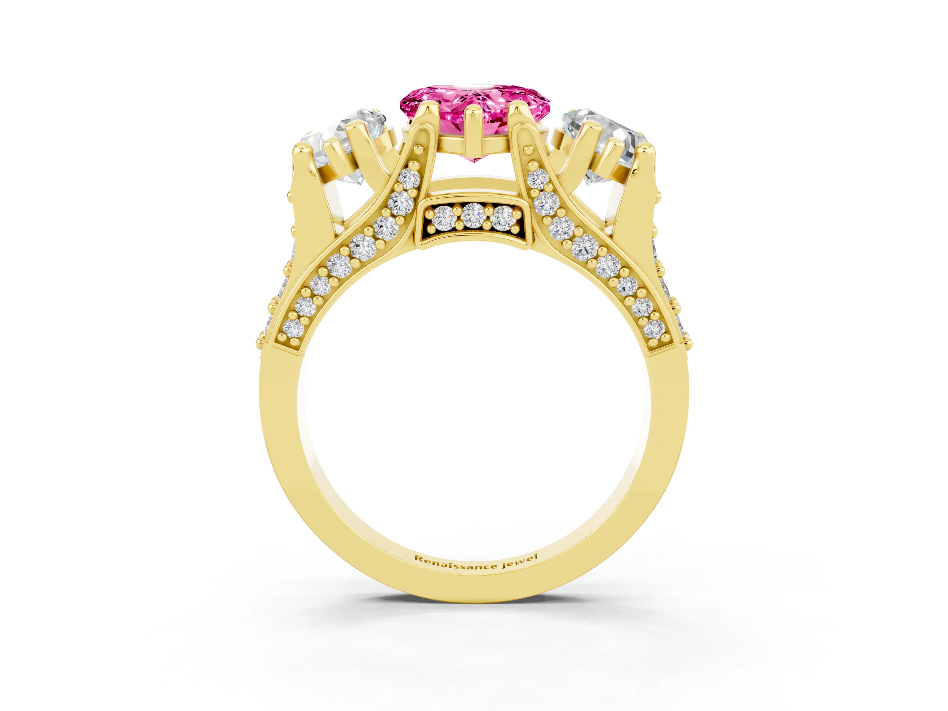 Yellow gold Heart Cut Pink Sapphire Three-Stone Ring with Channel Set Band and Four-Prong Setting_3