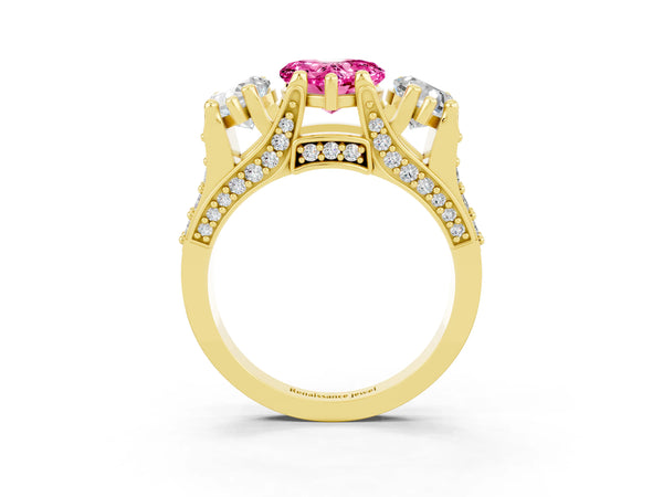 Yellow gold Heart Cut Pink Sapphire Three-Stone Ring with Channel Set Band and Four-Prong Setting