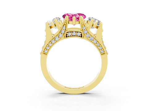 Yellow gold Heart Cut Pink Sapphire Three-Stone Ring with Channel Set Band and Four-Prong Setting_3