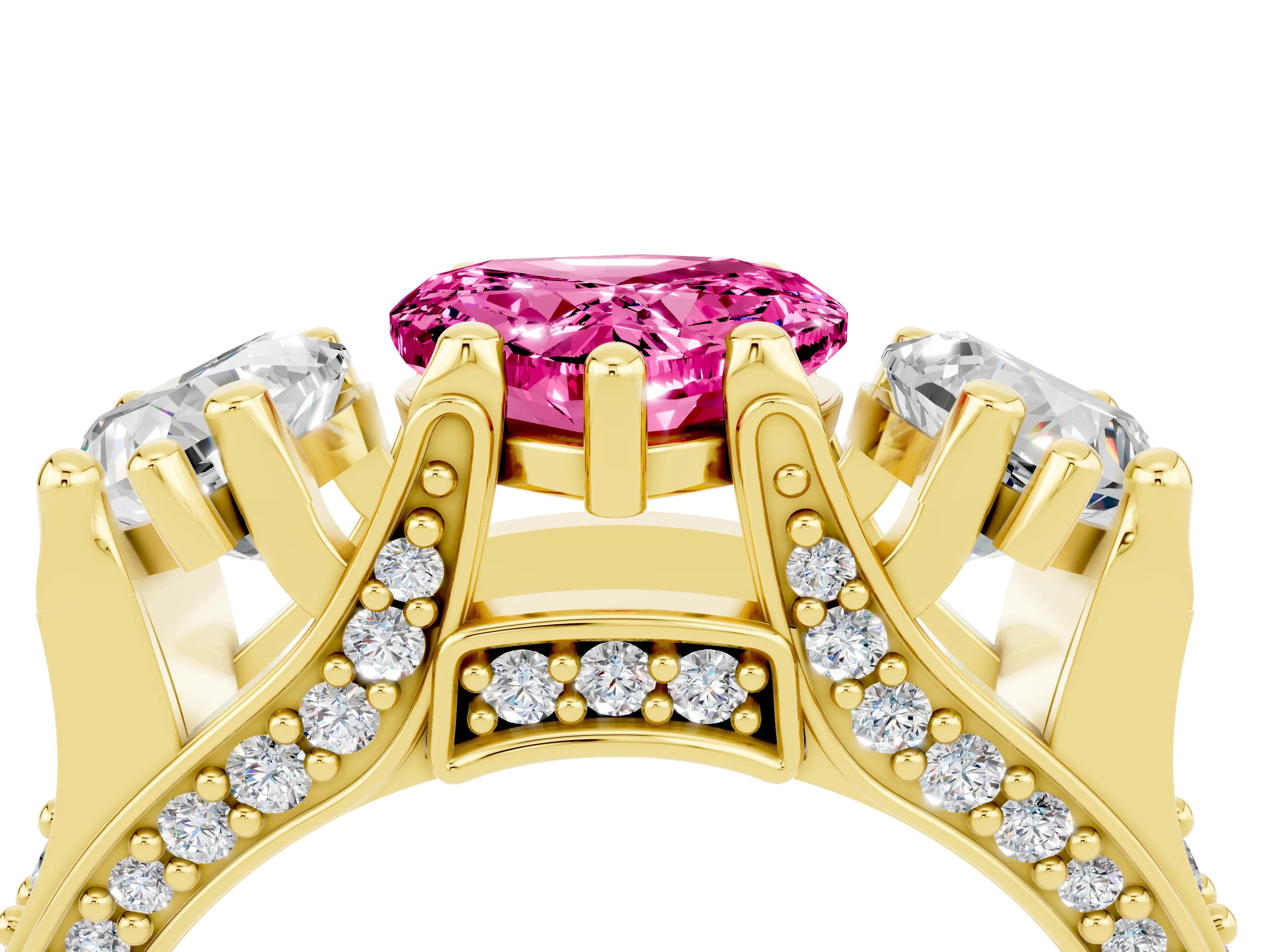 Yellow gold Heart Cut Pink Sapphire Three-Stone Ring with Channel Set Band and Four-Prong Setting_4