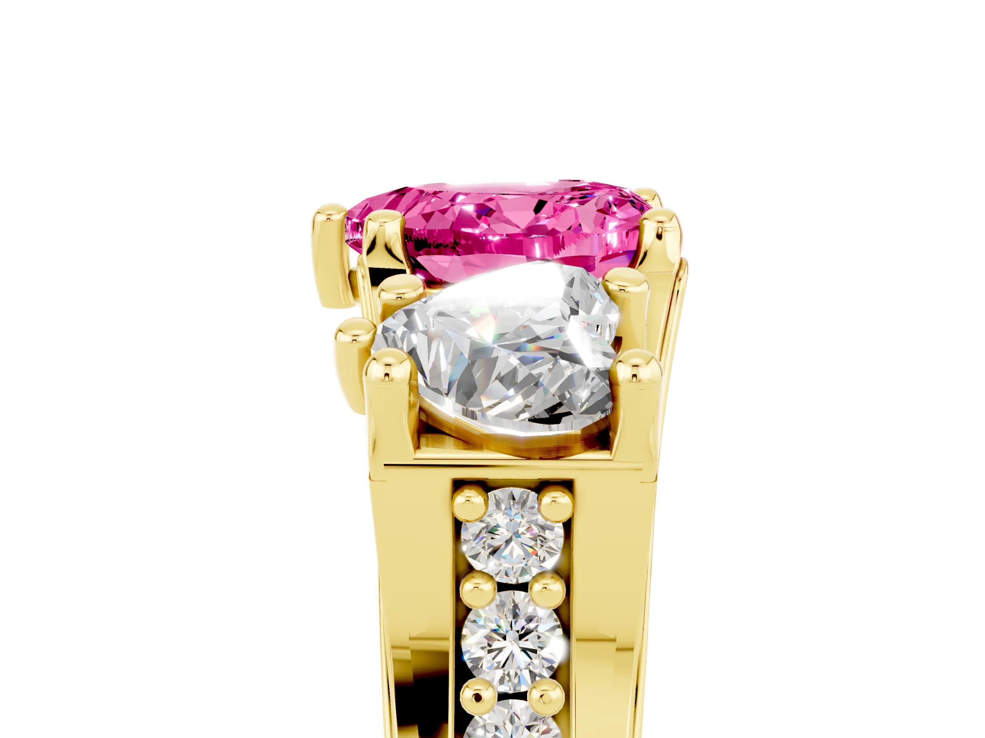 Yellow gold Heart Cut Pink Sapphire Three-Stone Ring with Channel Set Band and Four-Prong Setting_5
