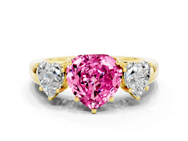 Yellow gold Heart Cut Pink Sapphire Three-Stone Ring with Four-Prong Setting and Classic Band