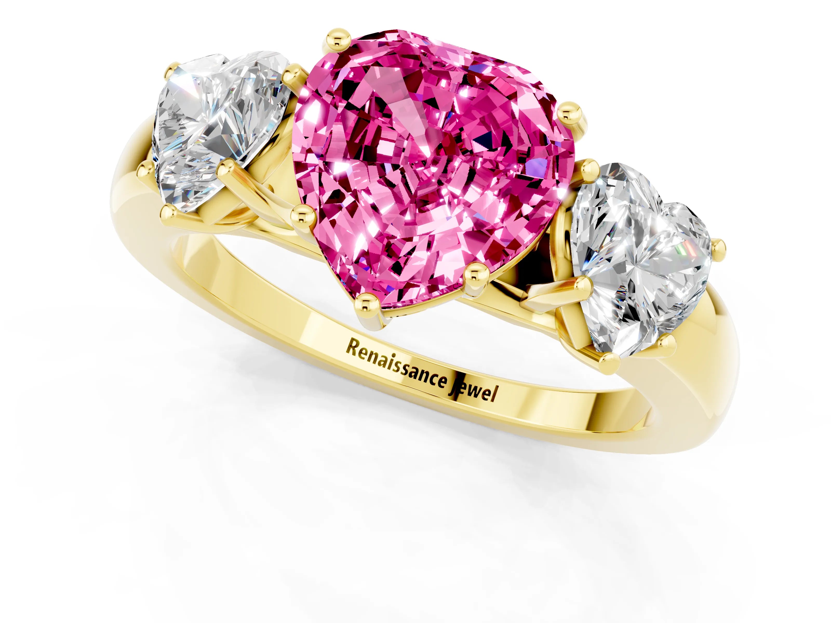 Yellow gold Heart Cut Pink Sapphire Three-Stone Ring with Four-Prong Setting and Classic Band_1