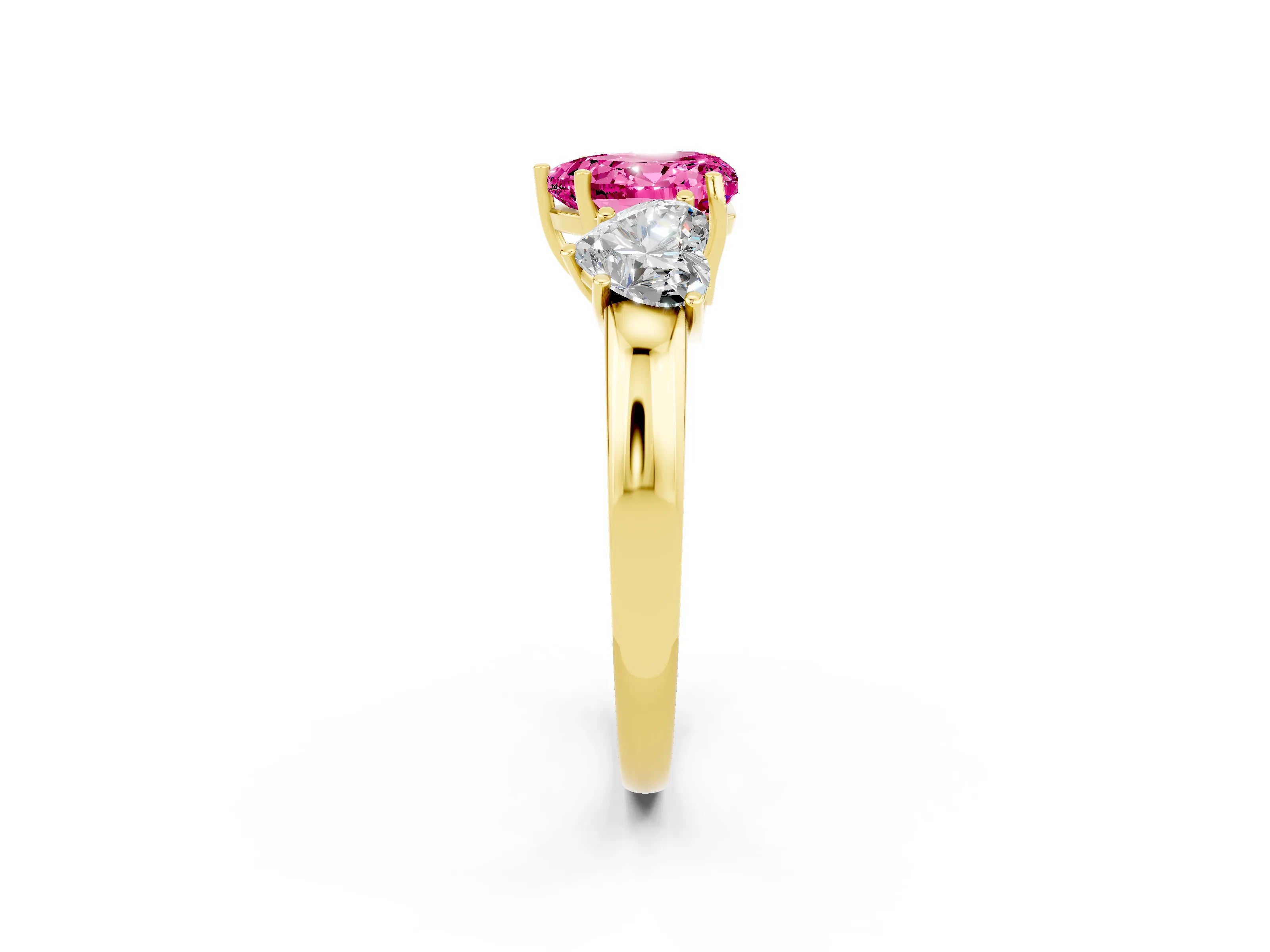 Yellow gold Heart Cut Pink Sapphire Three-Stone Ring with Four-Prong Setting and Classic Band_2