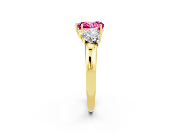 Yellow gold Heart Cut Pink Sapphire Three-Stone Ring with Four-Prong Setting and Classic Band