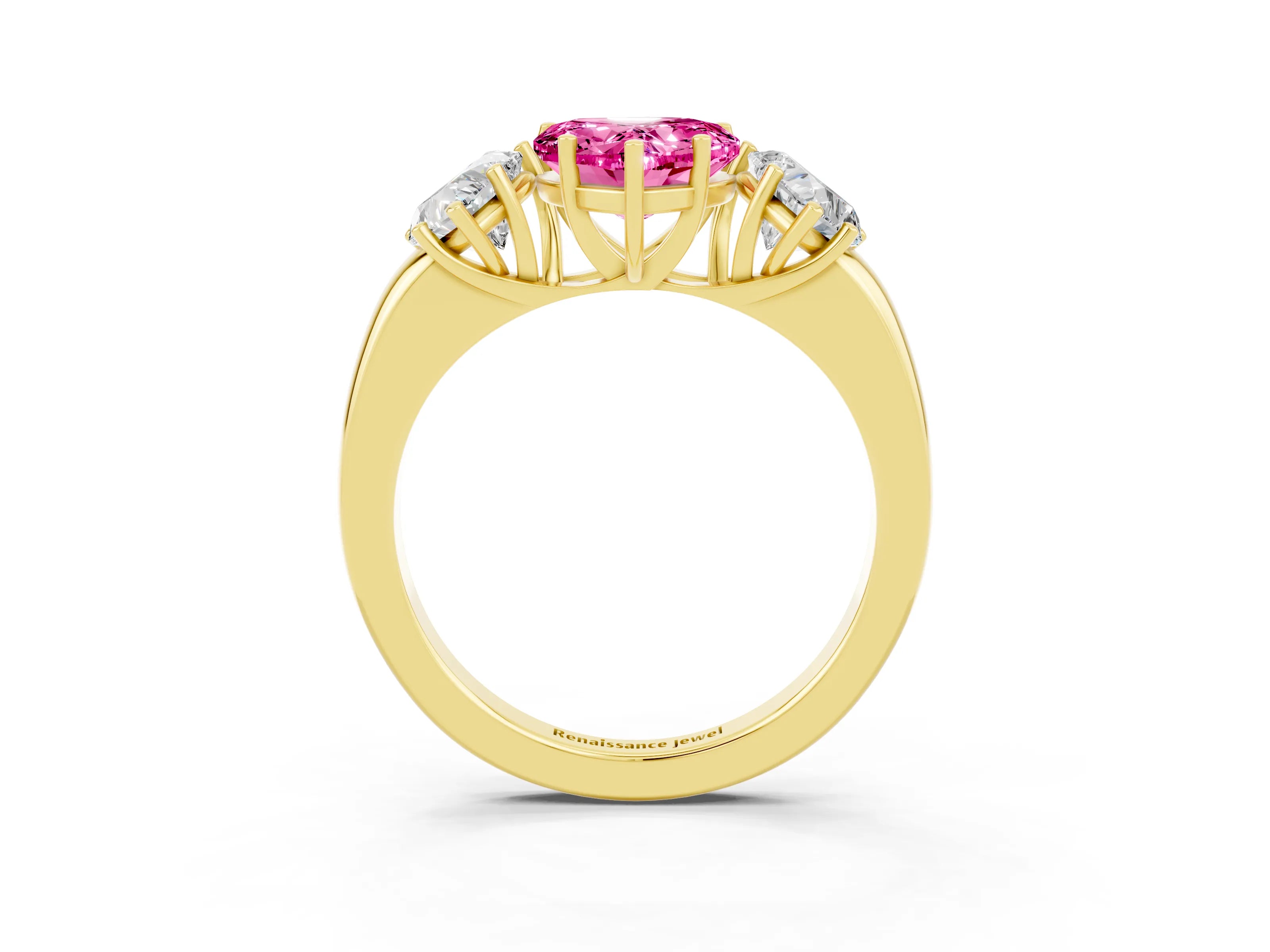Yellow gold Heart Cut Pink Sapphire Three-Stone Ring with Four-Prong Setting and Classic Band_3