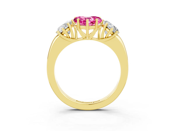 Yellow gold Heart Cut Pink Sapphire Three-Stone Ring with Four-Prong Setting and Classic Band