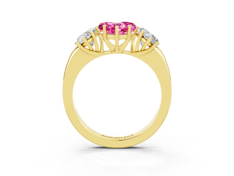 Yellow gold Heart Cut Pink Sapphire Three-Stone Ring with Four-Prong Setting and Classic Band_3